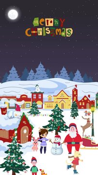 A vertical animation video of Christmas celebrations by kids, full of snow at night, beautiful lights in the Christmas tree, Santa dancing, and giving gifts to kids, Snowman is there too in the video.