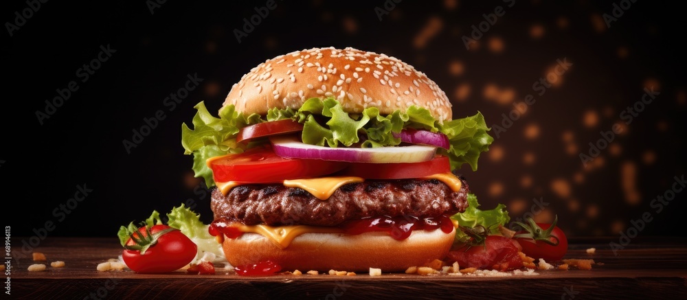 Aufkleber Mouthwatering handmade American beef burger Copy space image Place for adding text or design