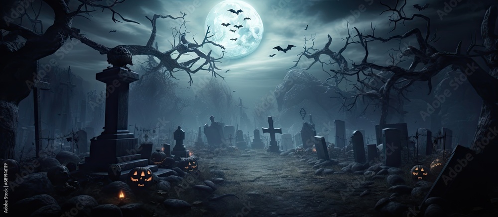 Aufkleber Halloween themed backdrop with eerie graveyard bare trees graves bats and space for text Copy space image Place for adding text or design