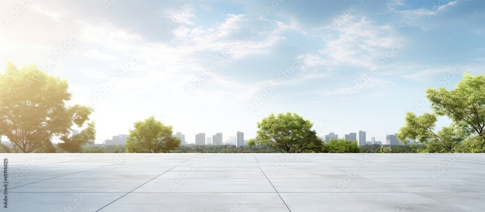 Aufkleber Future architecture and blue sky backdrop in an empty city park with a concrete floor Copy space image Place for adding text or design