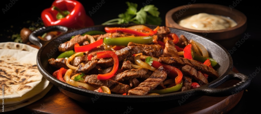 Poster colorful bell peppers tortilla bread and sauces accompany beef fajitas cooked in a pan copy space im