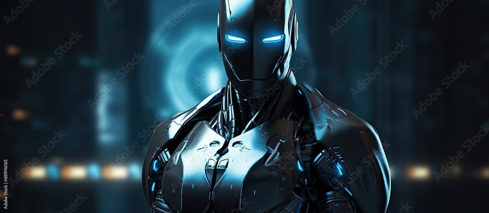 Aufkleber Cyber security concept with AI technology modernizes cyborg robot with data protection shield Copy space image Place for adding text or design
