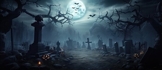 Halloween themed backdrop with eerie graveyard bare trees graves bats and space for text Copy space image Place for adding text or design - obrazy, fototapety, plakaty