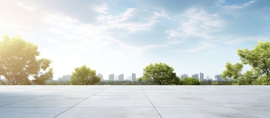 Future architecture and blue sky backdrop in an empty city park with a concrete floor Copy space image Place for adding text or design