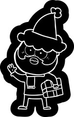 quirky cartoon icon of a bearded man with present wearing santa hat