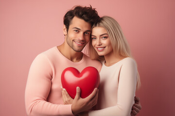 Fototapeta na wymiar portrait on a pink background of a hugging young couple holding a heart in their hands