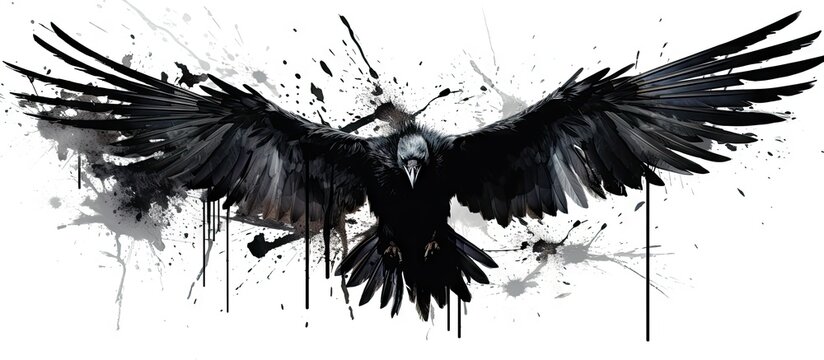 Black raven silhouette with paint splatters isolated on white background Copy space image Place for adding text or design