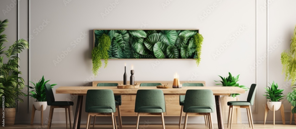 Poster modern home decor featuring a stylish botany theme in the dining room with a crafted wooden table ch