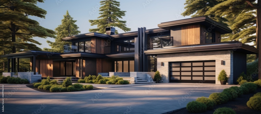 Poster luxurious contemporary home with stone accents three car garage and natural surroundings copy space 