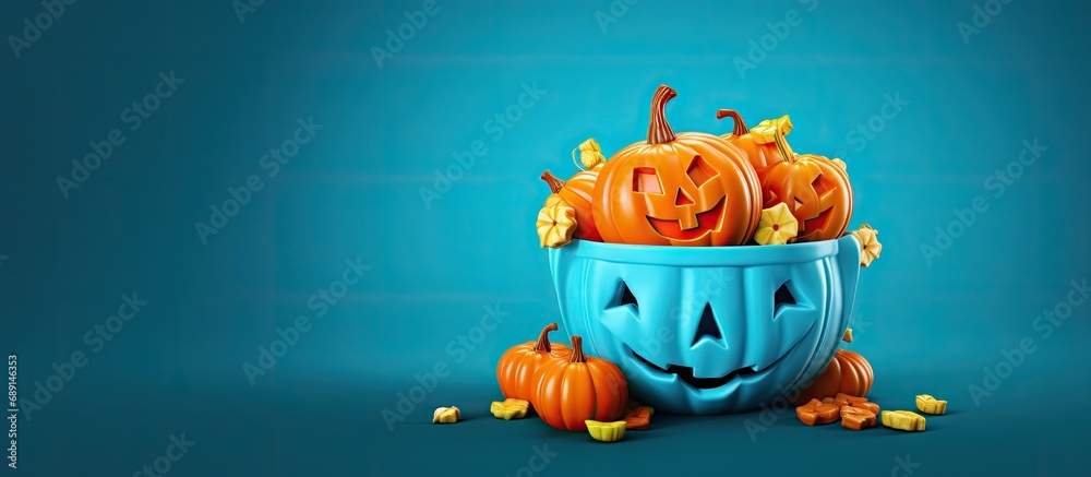 Aufkleber halloween themed sweets in a pumpkin pot on blue background greeting card mock up for a halloween pa