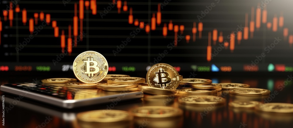 Aufkleber Bitcoin cryptocurrency on mobile with a growing graph on an international stock exchange enjoying an uptrend Copy space image Place for adding text or design