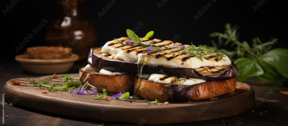 Poster Grilled eggplant and mozzarella accompany toast Copy space image Place for adding text or design