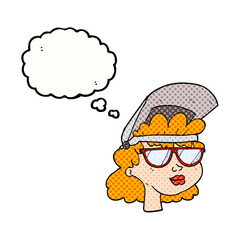 Freehand drawn thought bubble cartoon woman with welding mask and glasses