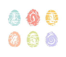 Set of colorful Easter chocolate eggs in abstract style. Grunge textures. For stickers, posters, cards, design elements