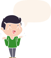 cartoon laughing confused man with speech bubble in retro style