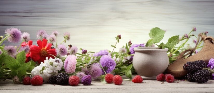 Mortaring herbs berries and flowers on a wooden table Copy space image Place for adding text or design