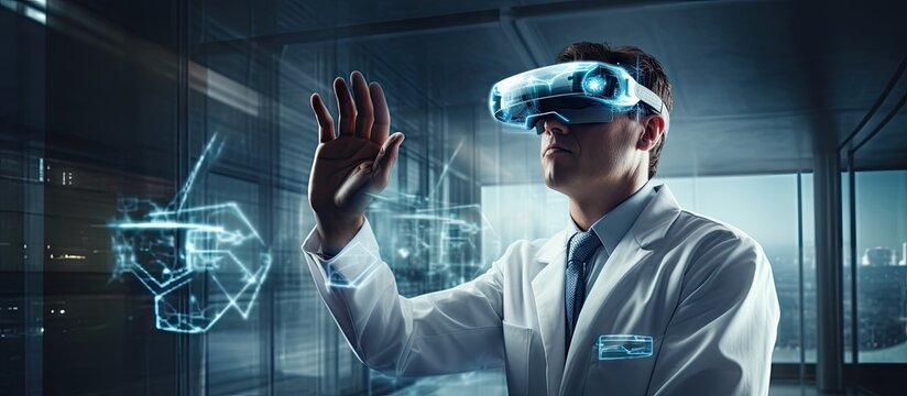AR Medical Development 3D visualization in medicine innovative healthcare technologies doctor activating VR glasses through a virtual touchscreen Copy space image Place for adding text or desig
