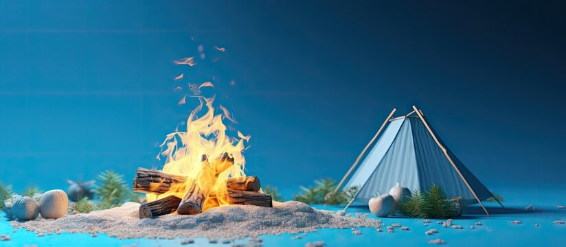 Minimal 3D rendering of camping equipment burning bonfire on blue background symbolizing holiday vacation Copy space image Place for adding text or design