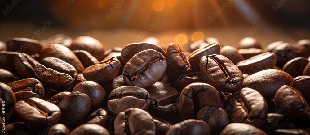 Poster Dramatic lighting captures local coffee beans in macro Copy space image Place for adding text or design