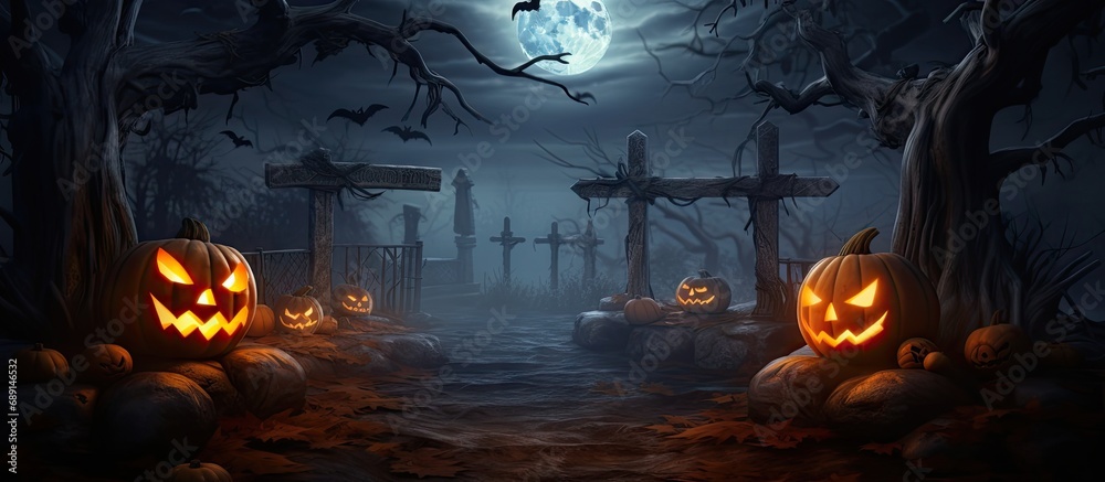 Aufkleber Halloween scene with graveyard pumpkins and skeletons Copy space image Place for adding text or design