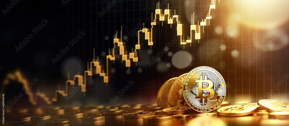 Aufkleber Bitcoin cryptocurrency on mobile with a growing graph on an international stock exchange enjoying an uptrend Copy space image Place for adding text or design