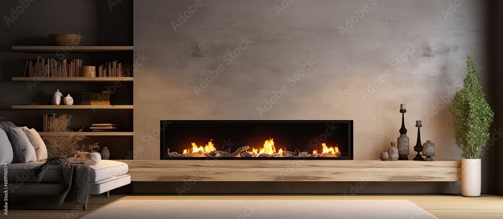 Poster Modern living room with 3D rendered fireplace Copy space image Place for adding text or design
