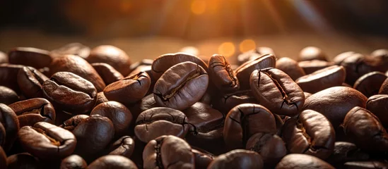 Rolgordijnen Dramatic lighting captures local coffee beans in macro Copy space image Place for adding text or design © vxnaghiyev