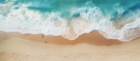 Aerial summer beach view with turquoise water waves and a drone Copy space image Place for adding text or design - obrazy, fototapety, plakaty