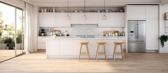 Modern bright kitchen in a new house featuring white furniture and a bar with wooden floors and...