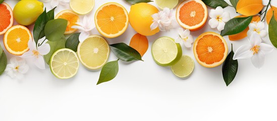 High quality photo of citrus fruits leaves and flowers arranged as a flat lay on a white background Copy space image Place for adding text or design - obrazy, fototapety, plakaty