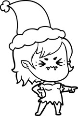 annoyed hand drawn line drawing of a vampire girl wearing santa hat