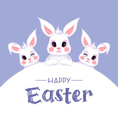 Happy Easter. Square colorful banner. Cute Easter bunnys in a minimalist cartoon style. Childrens character in pastel colors for poster, t-shirt, banner, card, cover