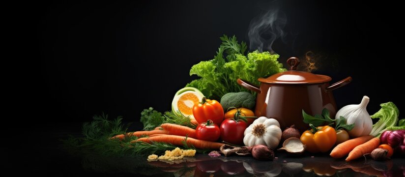 Dark background with vegetables and pot Copy space image Place for adding text or design