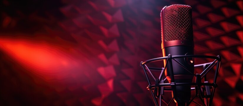Microphone with screen device for music production or radio banner with space Copy space image Place for adding text or design
