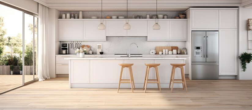 Modern bright kitchen in a new house featuring white furniture and a bar with wooden floors and accents Copy space image Place for adding text or design