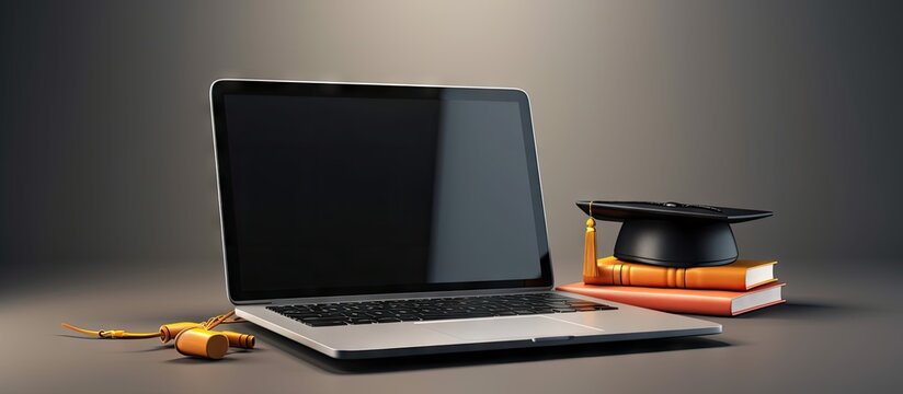 Computer with graduation cap and diploma isolated Render laptop and graduate hat with certificate Online education concept E learning online courses Illustration Copy space image Place for addi