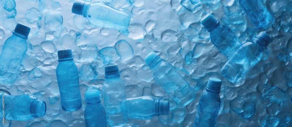 Aufkleber blue plastic bottles pattern on blue paper background top view empty half liter water bottle wide ba