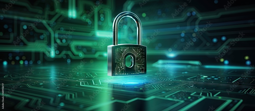 Fototapete Lock on digital background Protection system for technology security Copy space image Place for adding text or design