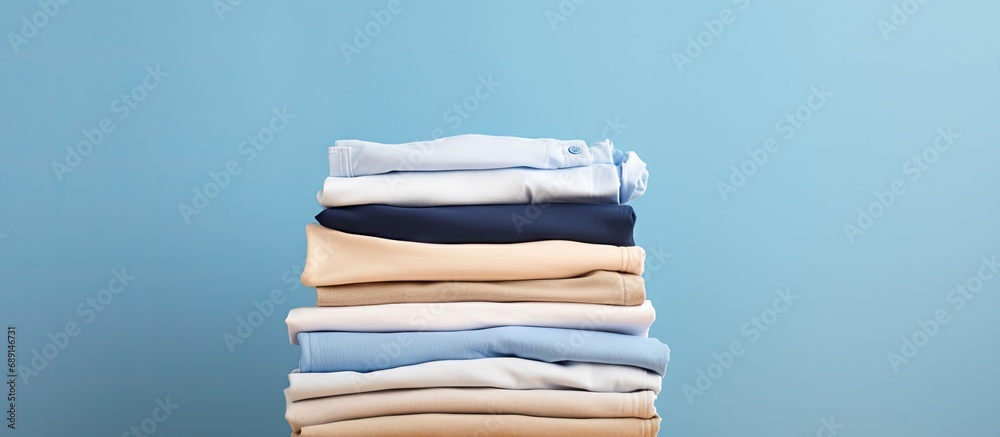 Poster Clean clothes stacked on a beige background close up view of blue and white cotton garments Cleaning and laundry idea Copy space image Place for adding text or design