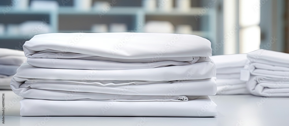 Poster industrial laundry providing cleaning and ironing service for hotels clinics and companies with fold