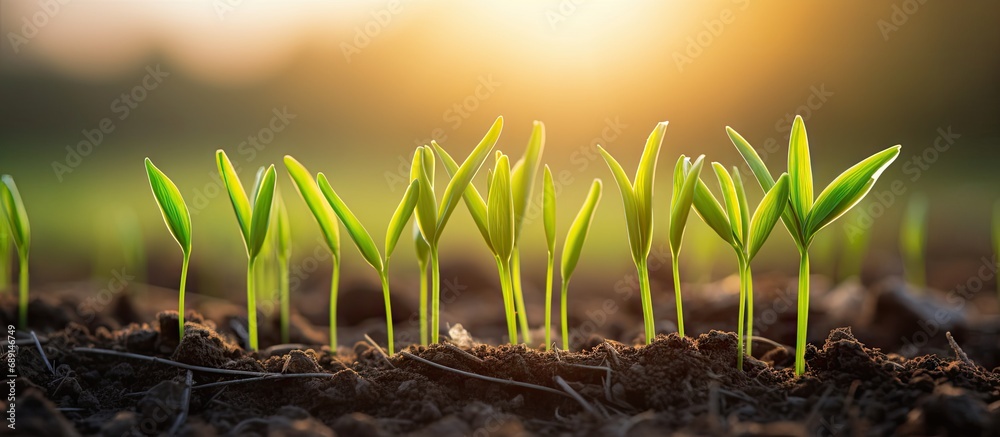 Fototapete Growing in field green wheat sprouts Field with rye sprouting at sunset Copy space image Place for adding text or design