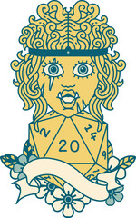 Retro Tattoo Style half orc barbarian character with natural twenty dice roll