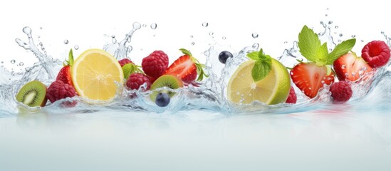 Fruit infused water splash with mint and ice on white background Copy space image Place for adding text or design