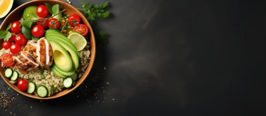 Rolgordijnen Grilled chicken quinoa spinach avocado brussels sprouts tomatoes cucumbers in a healthy buddha bowl viewed from the top on a dark gray background Copy space image Place for adding text or desig © vxnaghiyev