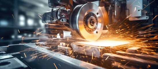 Finishing internal steel surfaces using a lathe grinder in the metalworking industry with sparks flying Copy space image Place for adding text or design - obrazy, fototapety, plakaty
