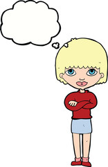 cartoon woman with folded arms with thought bubble