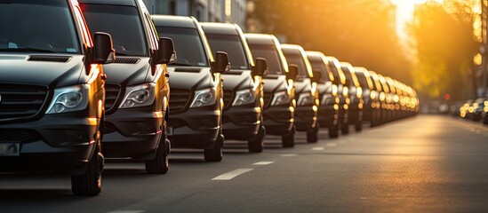 Many black luxury vans parked in a row at a car dealership with a close up view of the tail lights against a sunset Fleet of vans for commercial cargo transportation and VIP charters Copy space - obrazy, fototapety, plakaty