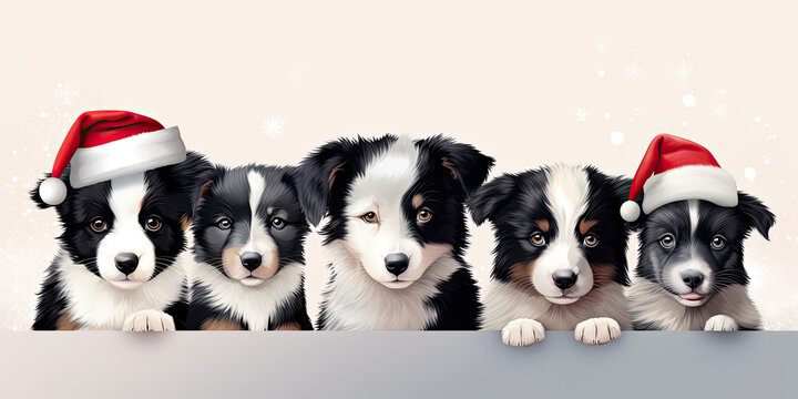 Cute little Christmas puppy border collies in a row, wearing Santa hats