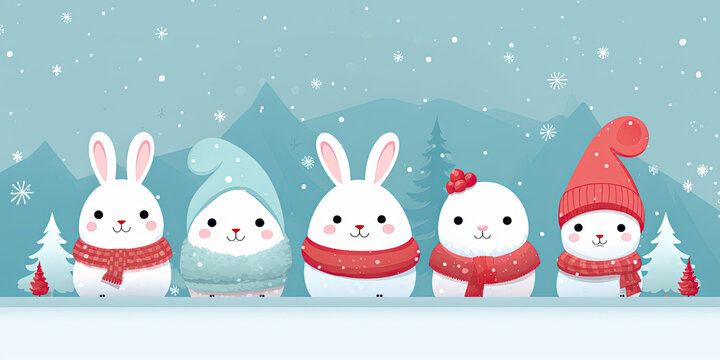 Cute little Christmas bunnies in a row, like snowmen in te snow