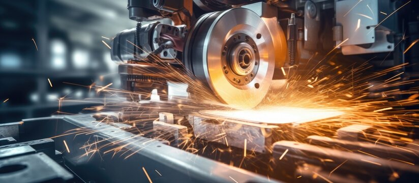 Finishing internal steel surfaces using a lathe grinder in the metalworking industry with sparks flying Copy space image Place for adding text or design